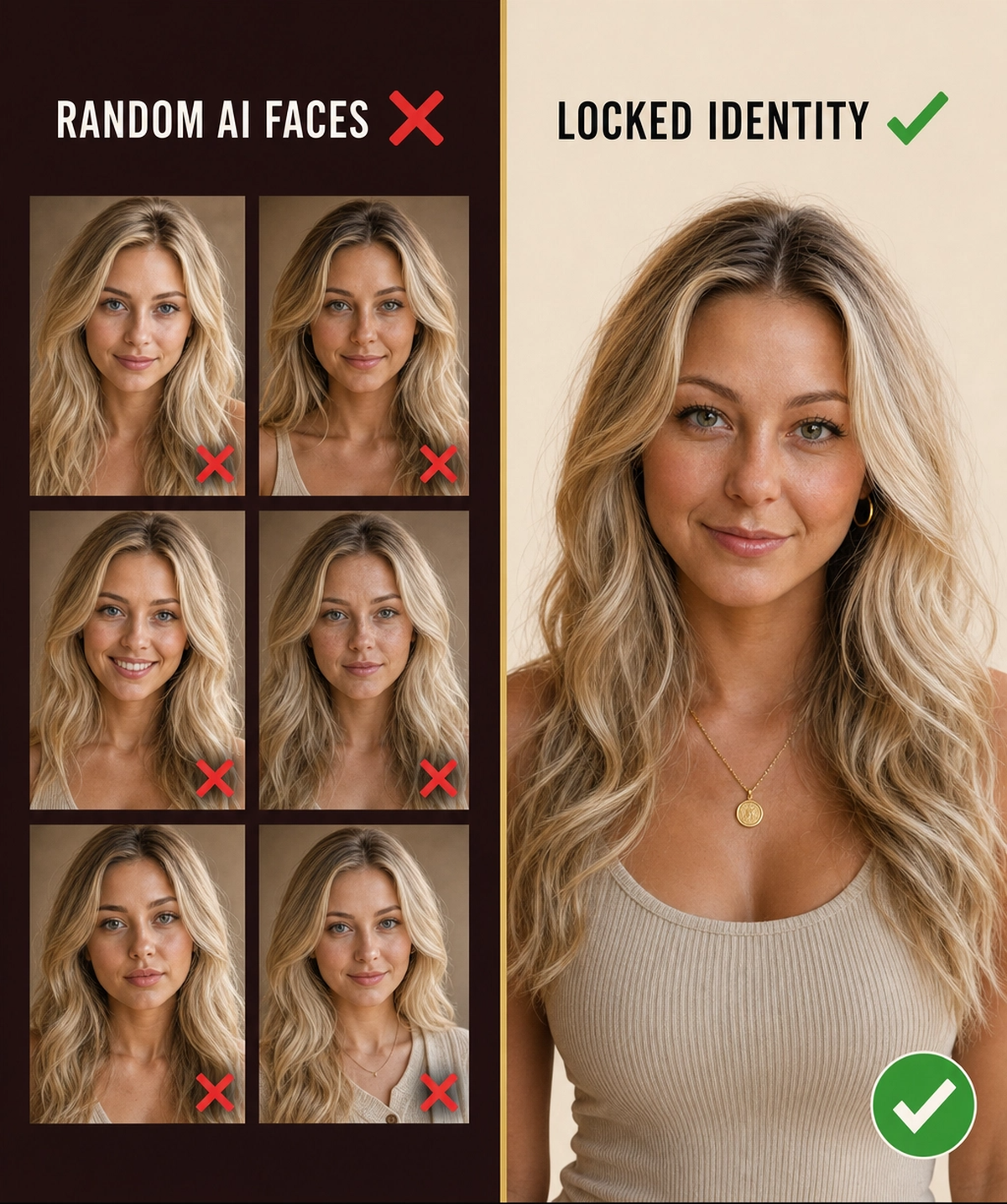 Female AI character identity drift versus locked identity comparison