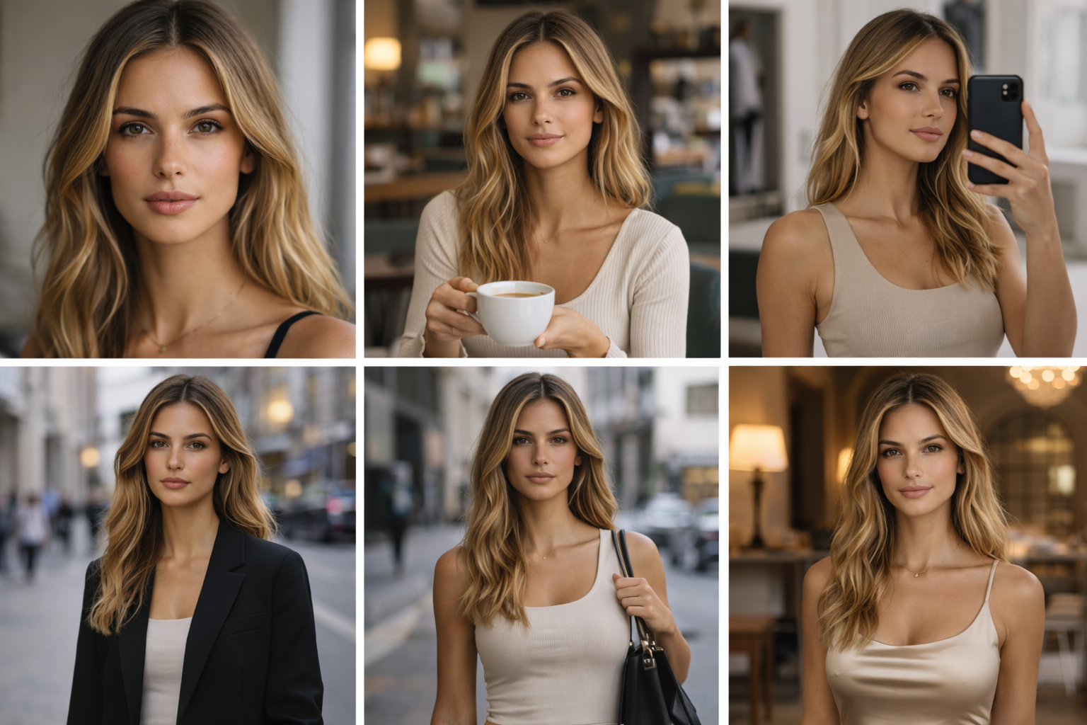 One female AI identity across multiple scenes