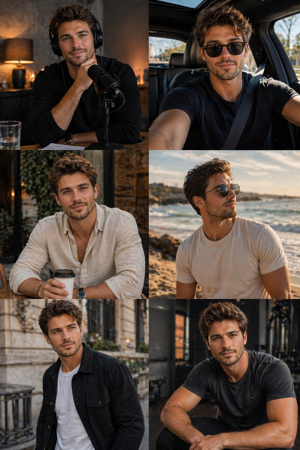 One male AI identity across multiple scenes