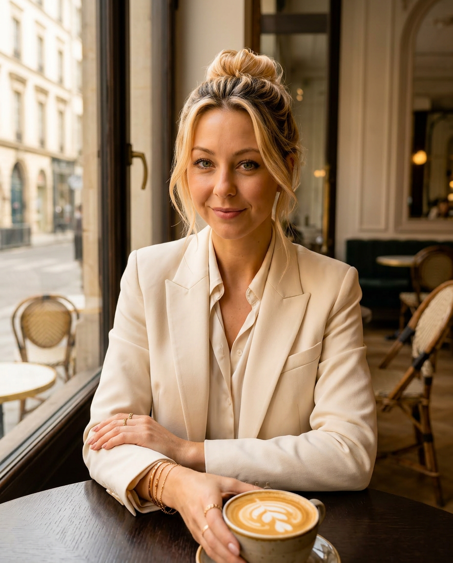 Vikki Sky identity in a coffee shop setting